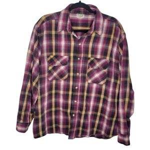 Vintage 80s Five Brother Mens Flannel Shirt in Maroon Yellow White Size XL